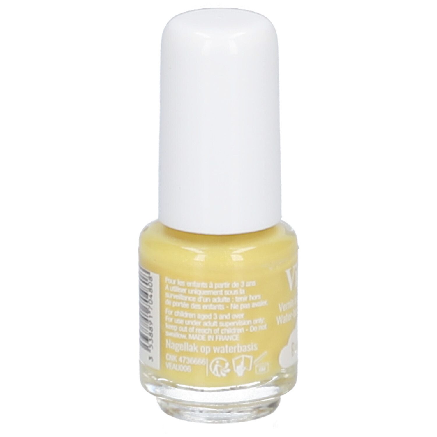 Vitry Nagellack auf Wasserbasis, Farbe Banana, 4 ml. Rückseite mit Warnhinweisen.