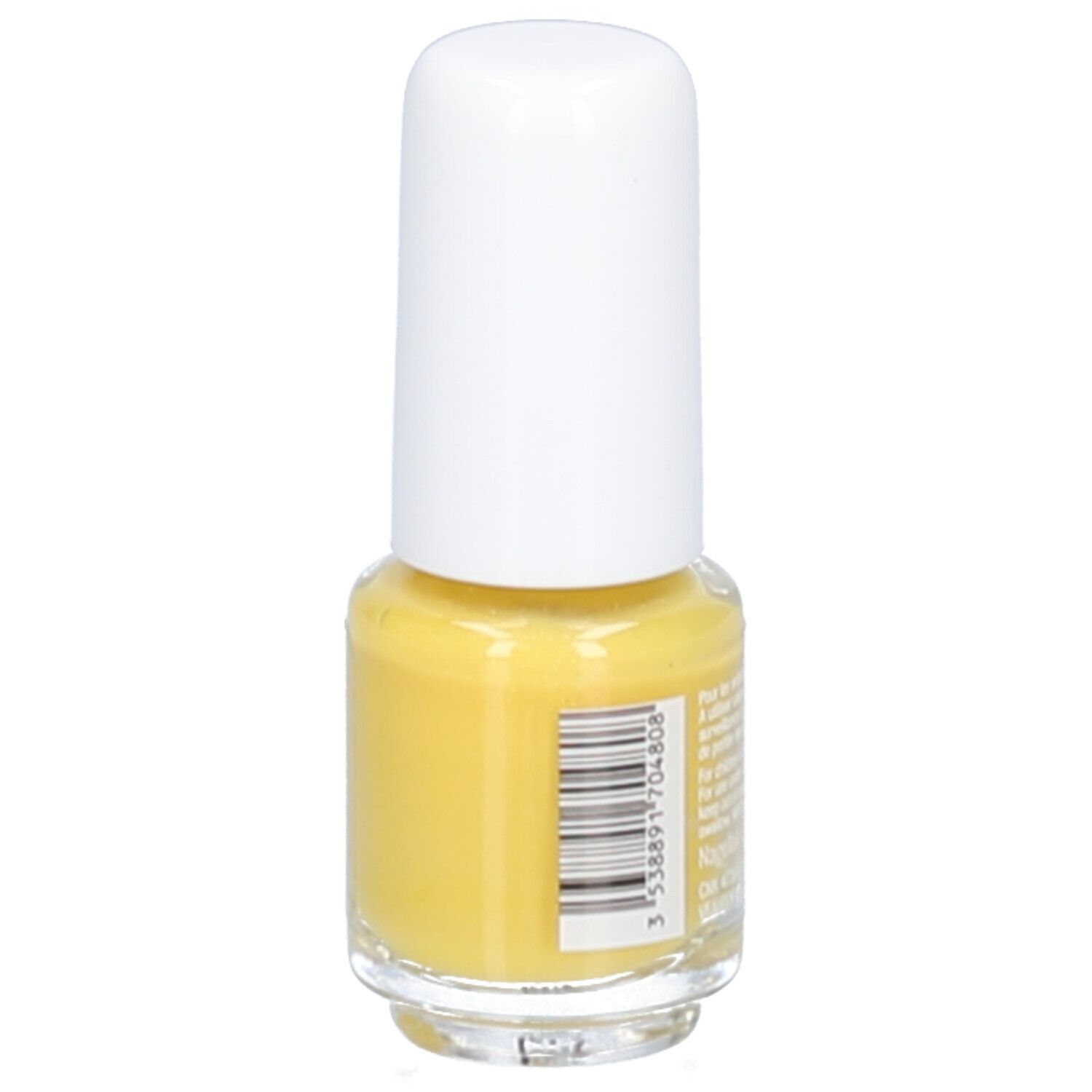 Vitry Nagellack auf Wasserbasis, Farbe Banana, 4 ml. Seitenansicht mit Barcode.