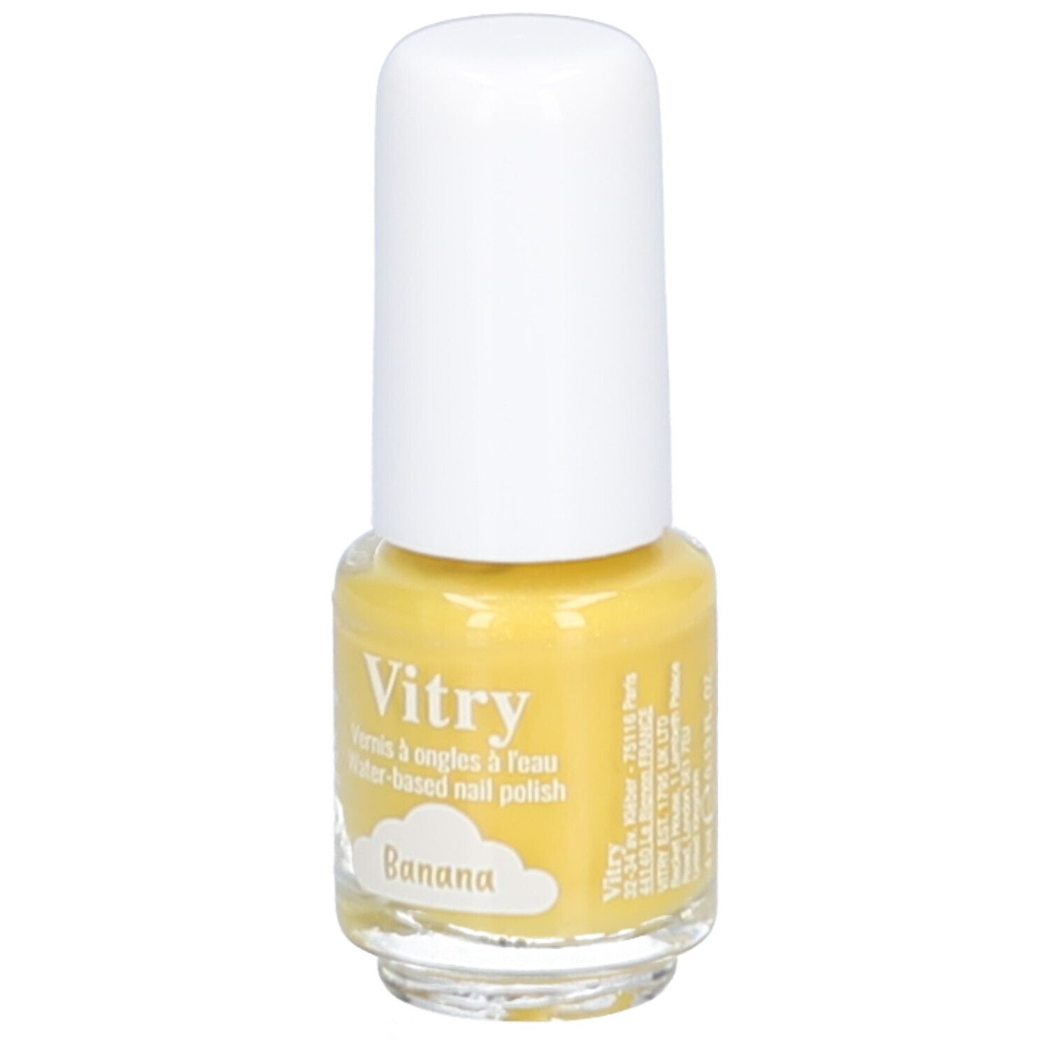 Vitry Nagellack auf Wasserbasis, Farbe Banana, 4 ml. Vorderansicht.