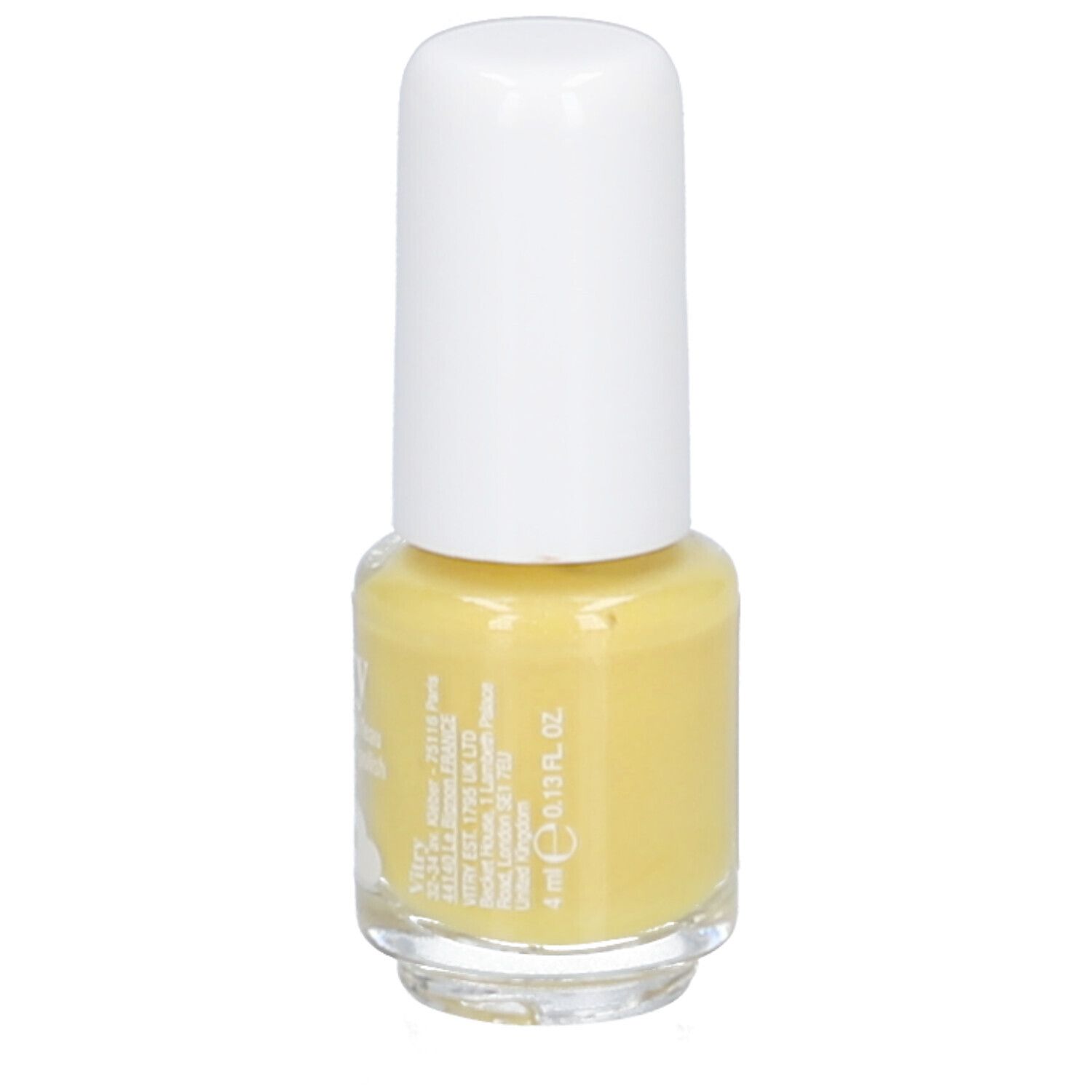 Vitry Nagellack auf Wasserbasis, Farbe Banana, 4 ml. Seitenansicht mit Mengenangabe.