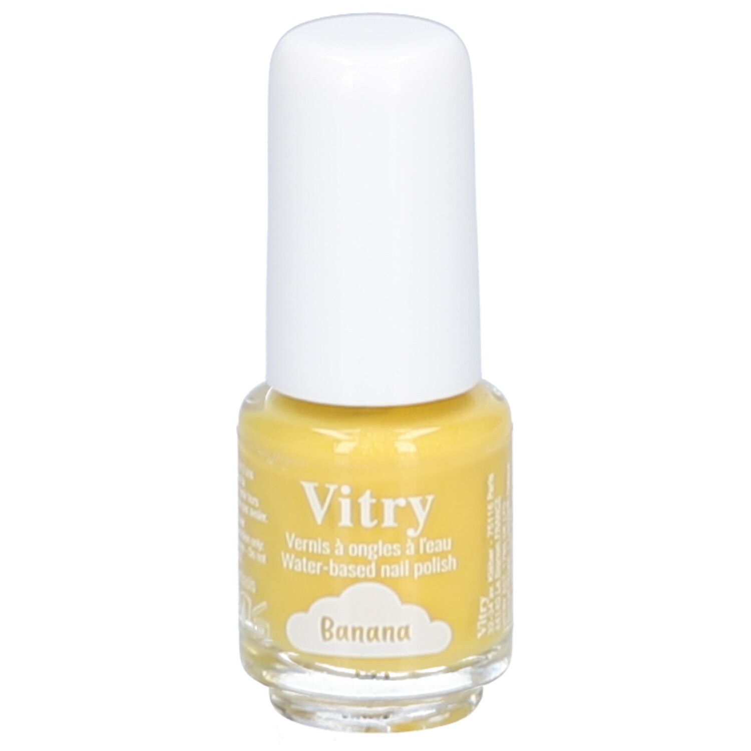Vitry Nagellack auf Wasserbasis, Farbe Banana, 4 ml. Schrägansicht.