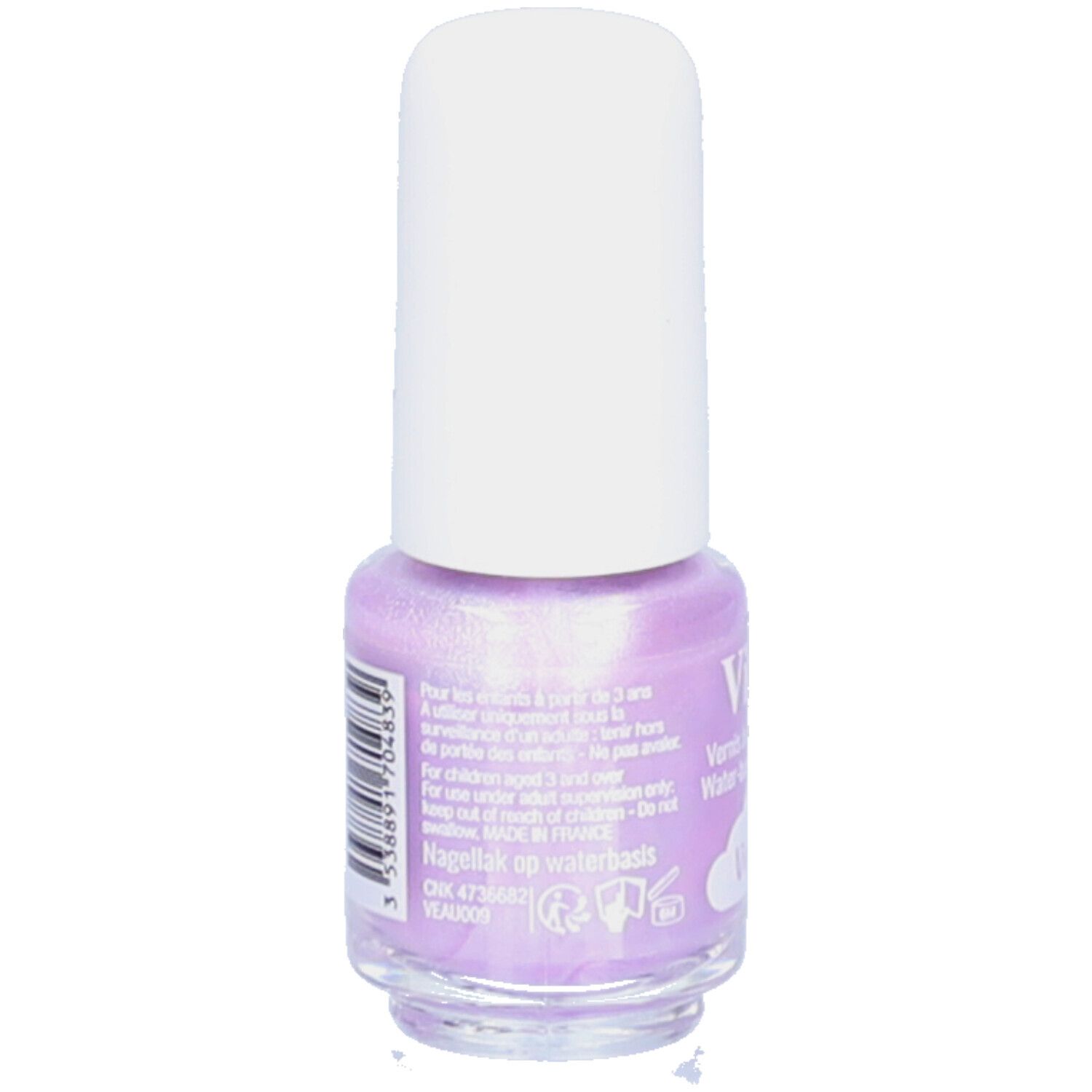 Rückansicht einer Flasche Nagellack, lila, mit weißem Deckel. Aufschrift: Vitry, Vernis à ongles à l'eau.