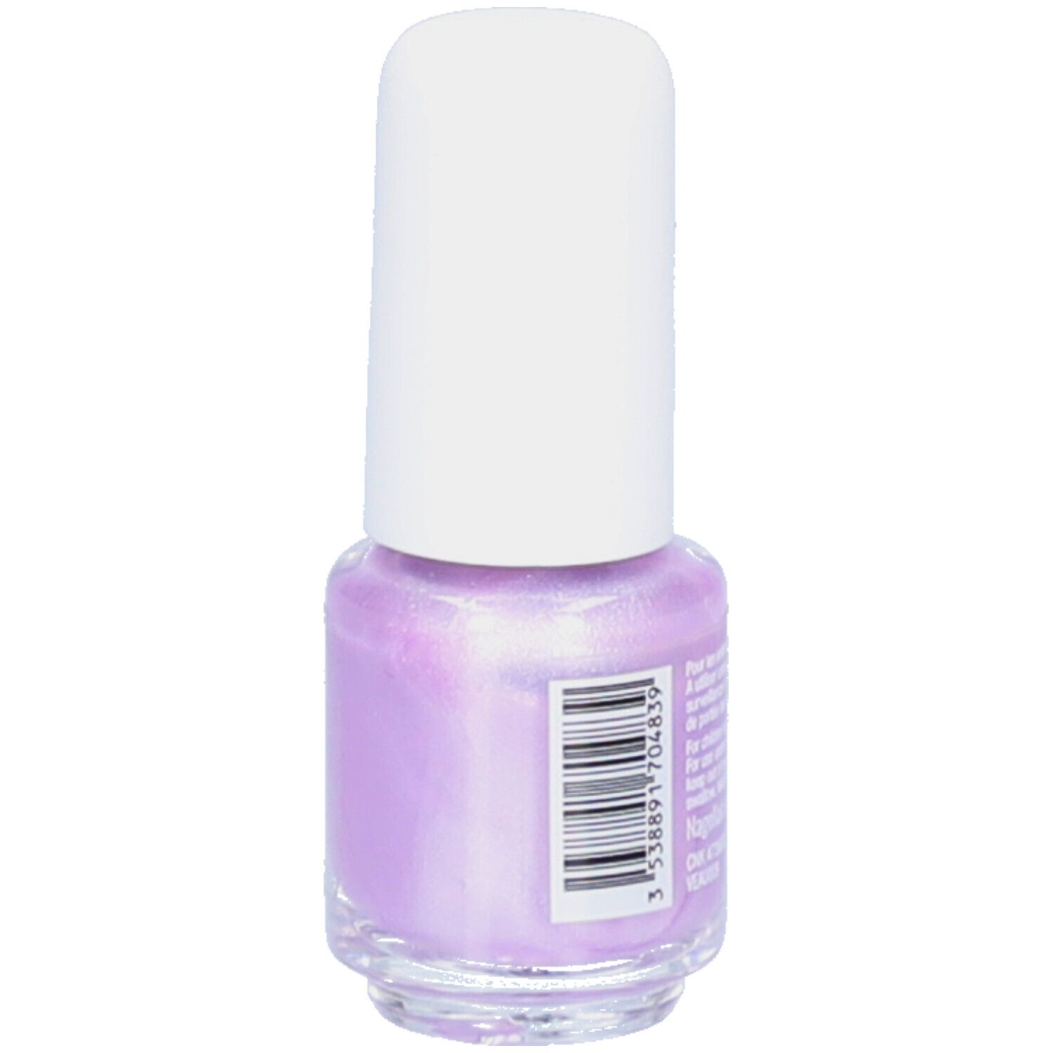 Rückansicht einer Flasche Nagellack, lila, mit weißem Deckel. Barcode und Text.