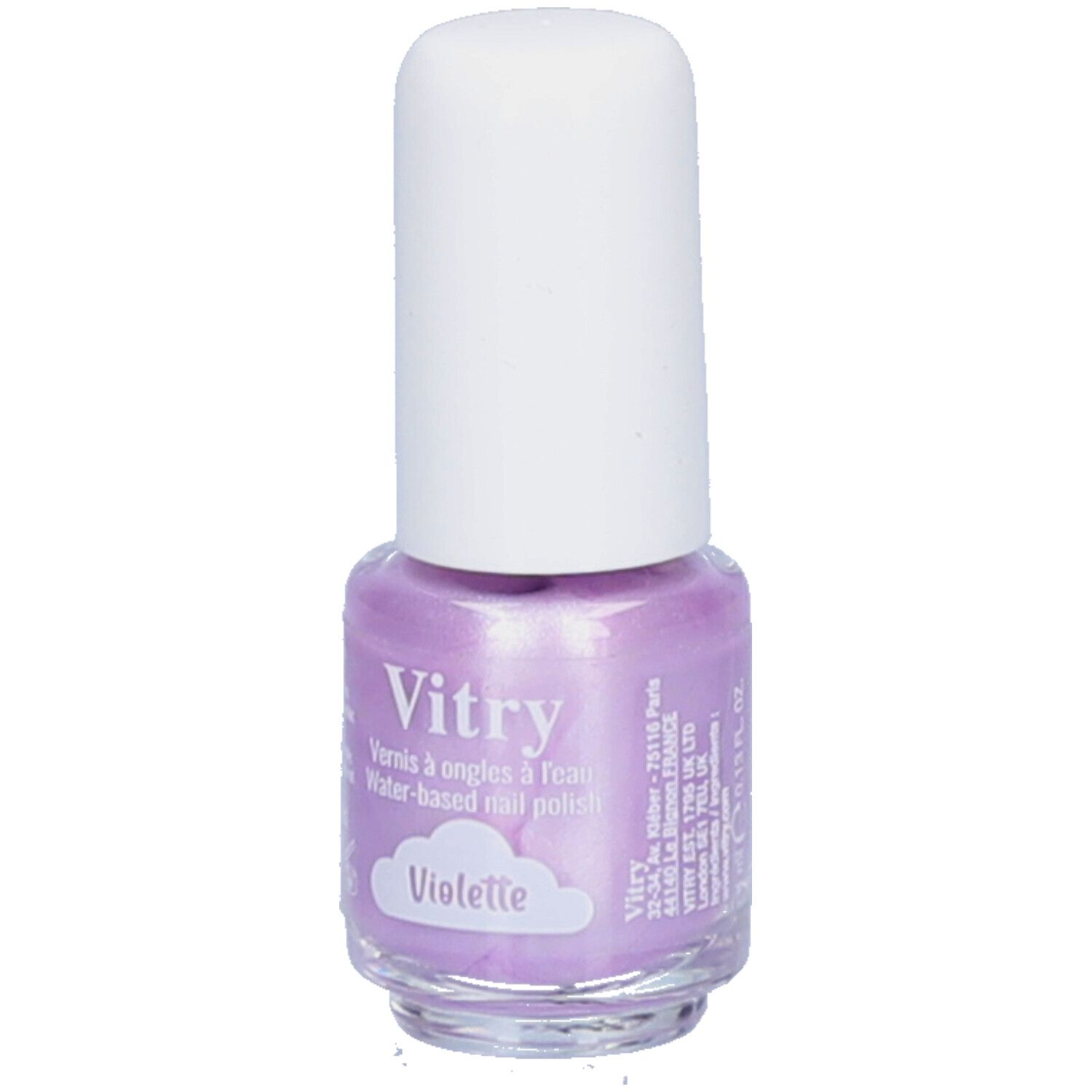 Flasche Nagellack, lila, mit weißem Deckel. Aufschrift: Vitry, Vernis à ongles à l'eau, Violette.