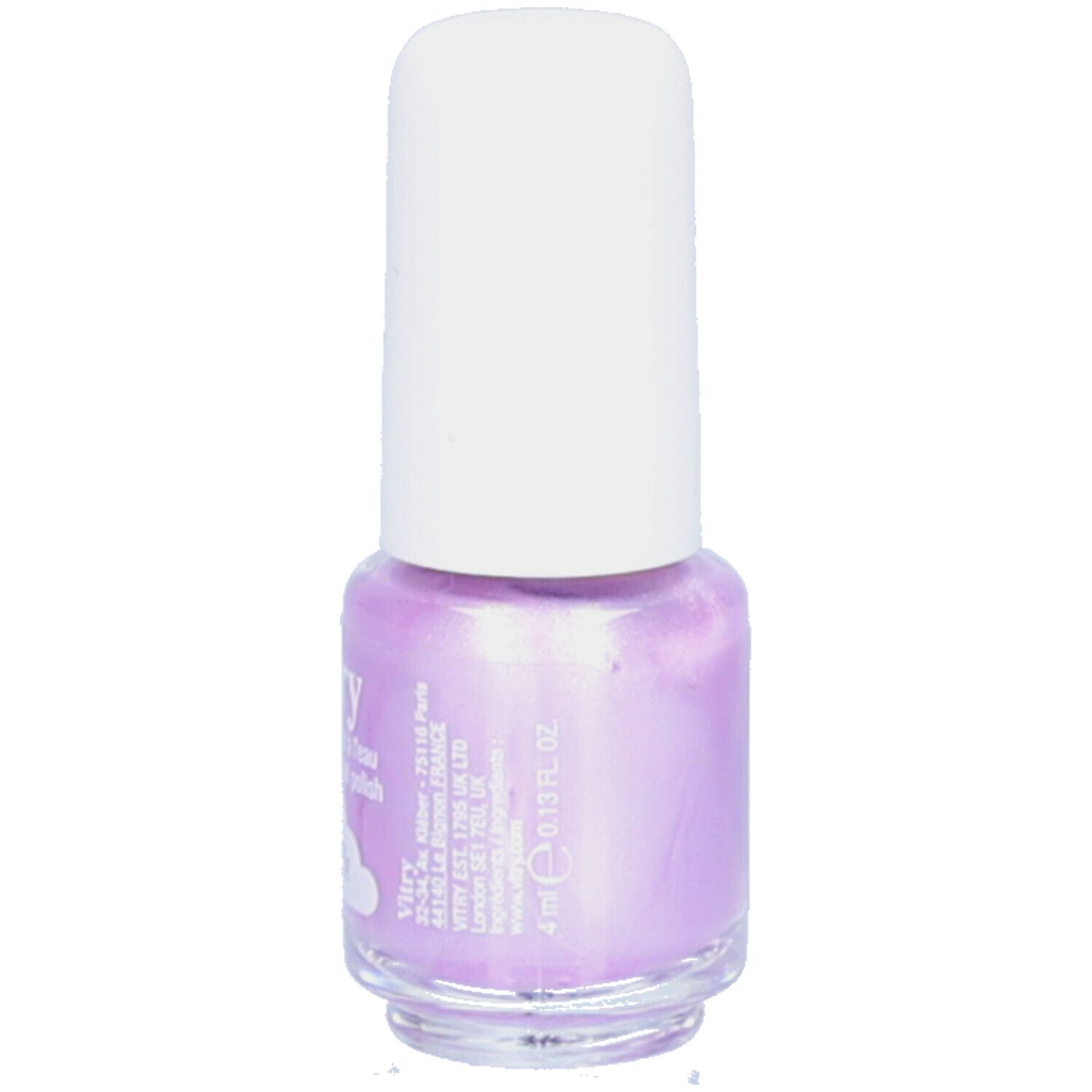 Flasche Nagellack, lila, mit weißem Deckel. Aufschrift: Vitry, Vernis à ongles à l'eau, 4 ml.