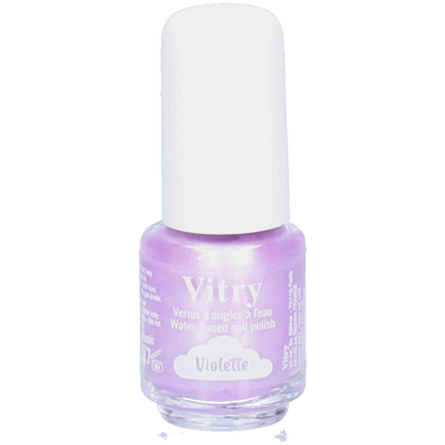 Flasche Nagellack, lila, mit weißem Deckel. Aufschrift: Vitry, Vernis à ongles à l'eau, Violette.