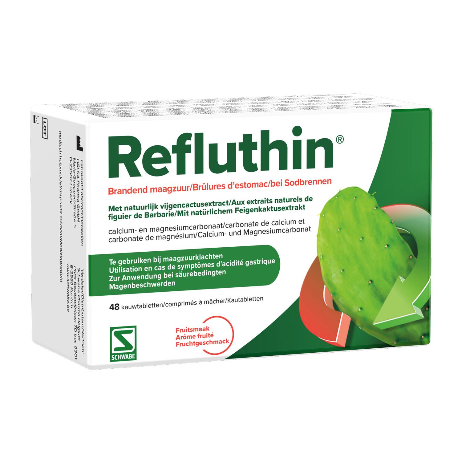 Boîte de Refluthin. Emballage blanc et vert avec nom du produit et illustration de cactus.