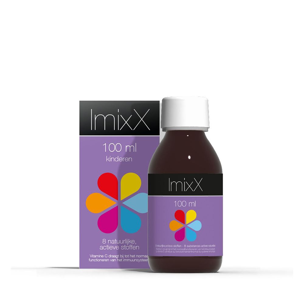 Bruine fles met witte dop. Etiket met ImixX, 100 ml, kinderen, 7 actieve stoffen.
