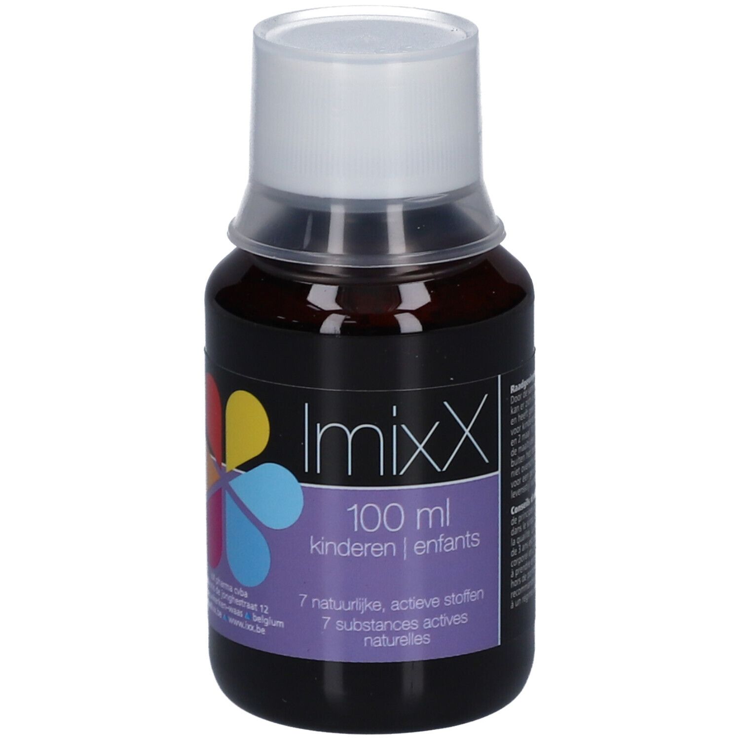 Bruine fles met witte dop. Etiket met ImixX, 100 ml, kinderen, 7 actieve stoffen.