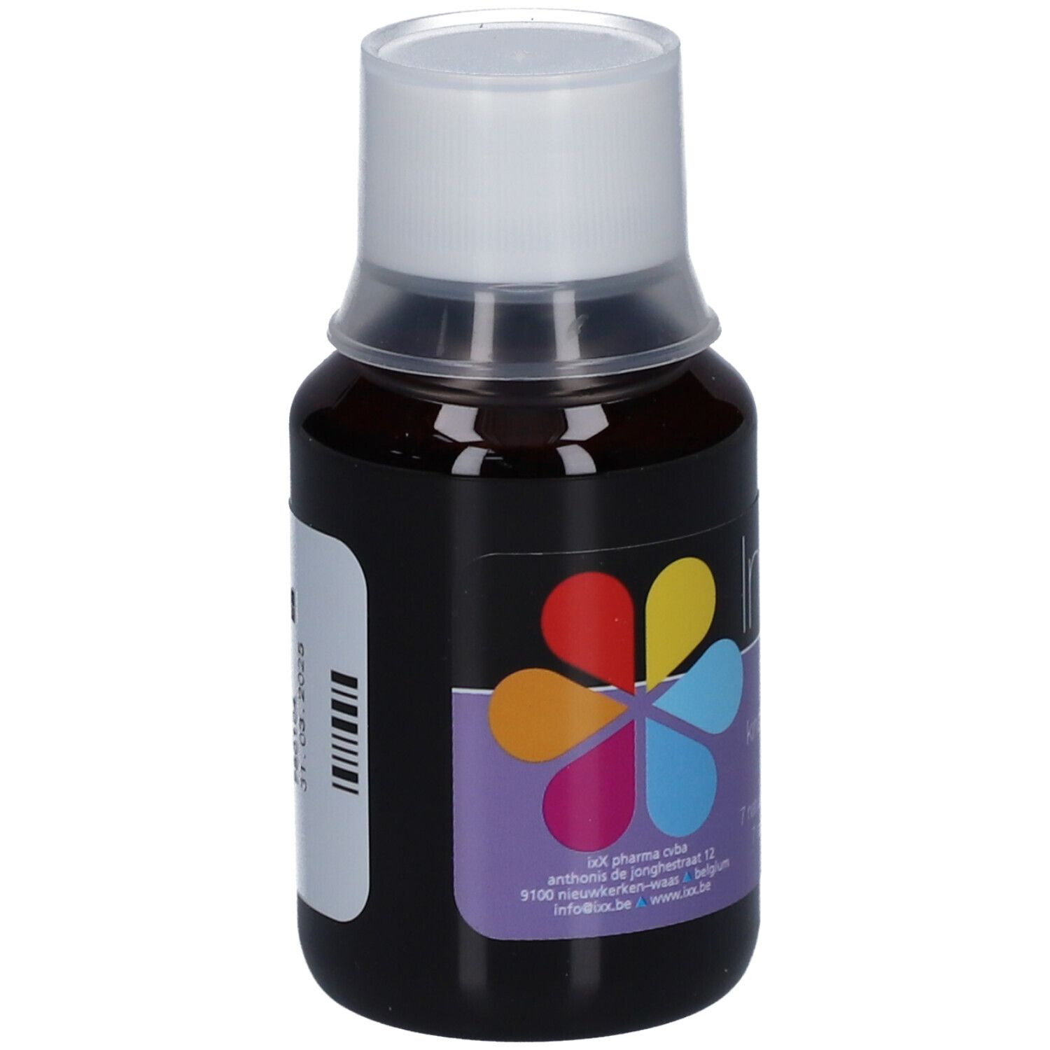 Bruine fles met witte dop. Etiket met ImixX, 100 ml, kinderen, 7 actieve stoffen.
