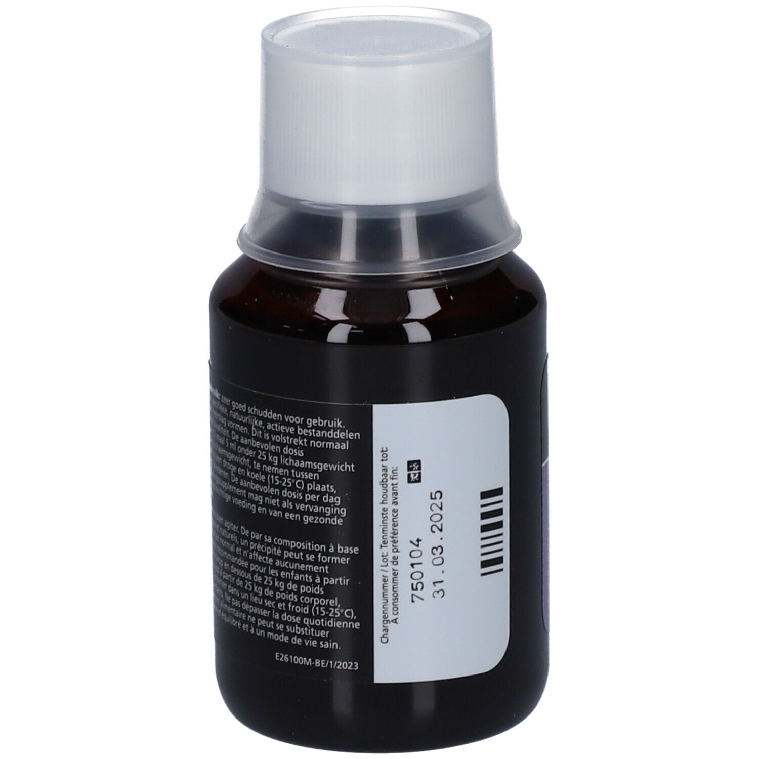 Bruine fles met witte dop. Etiket met ImixX, 100 ml, kinderen, 7 actieve stoffen.