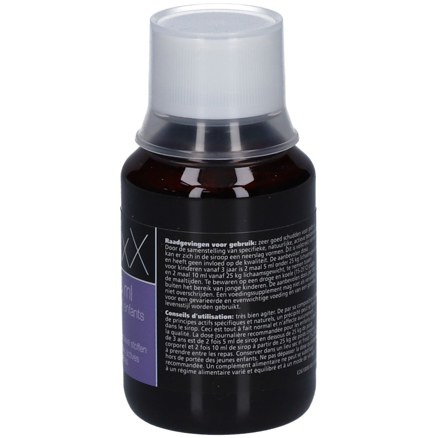 Bruine fles met witte dop. Etiket met ImixX, 100 ml, kinderen, 7 actieve stoffen.