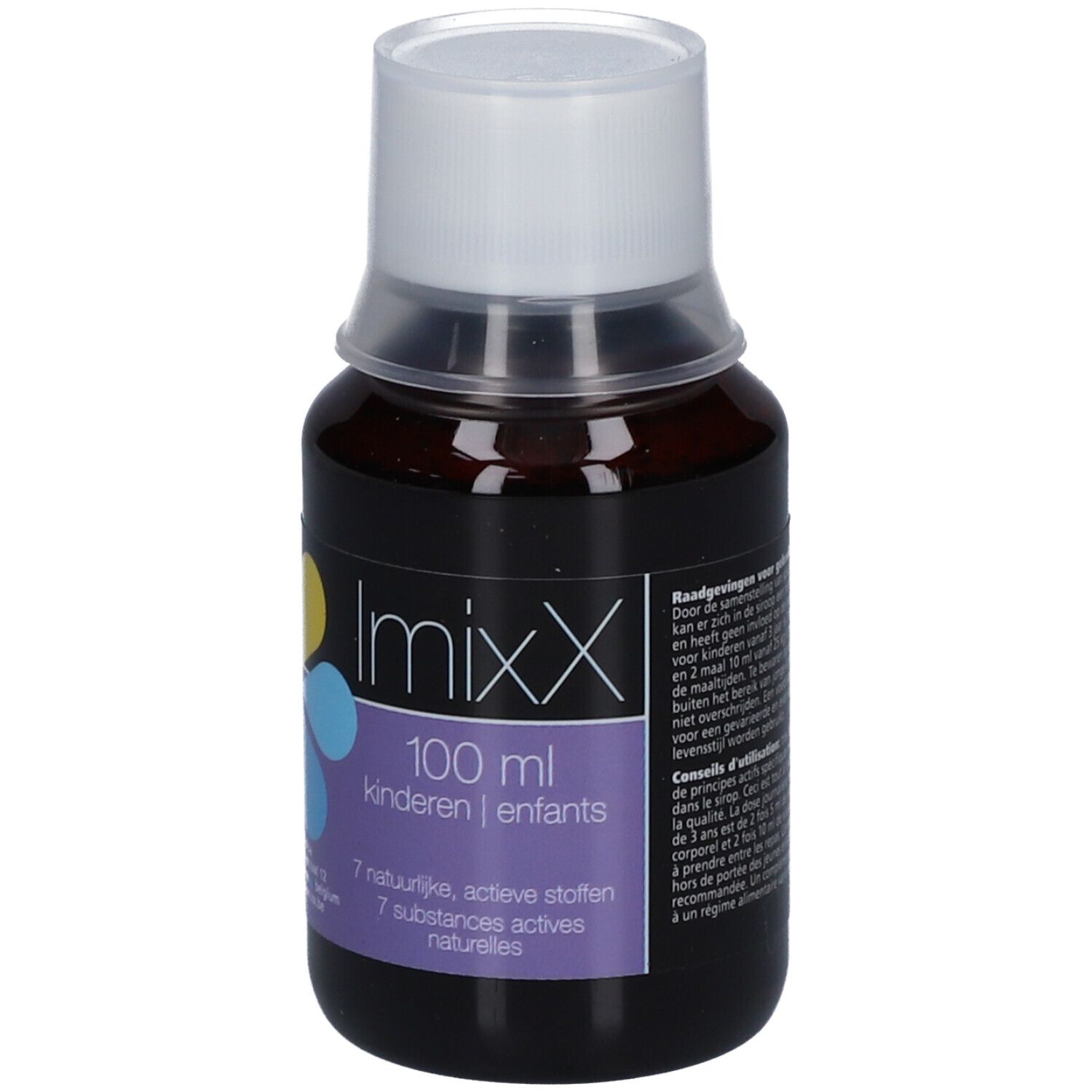 Bruine fles met witte dop. Etiket met ImixX, 100 ml, kinderen, 7 actieve stoffen.