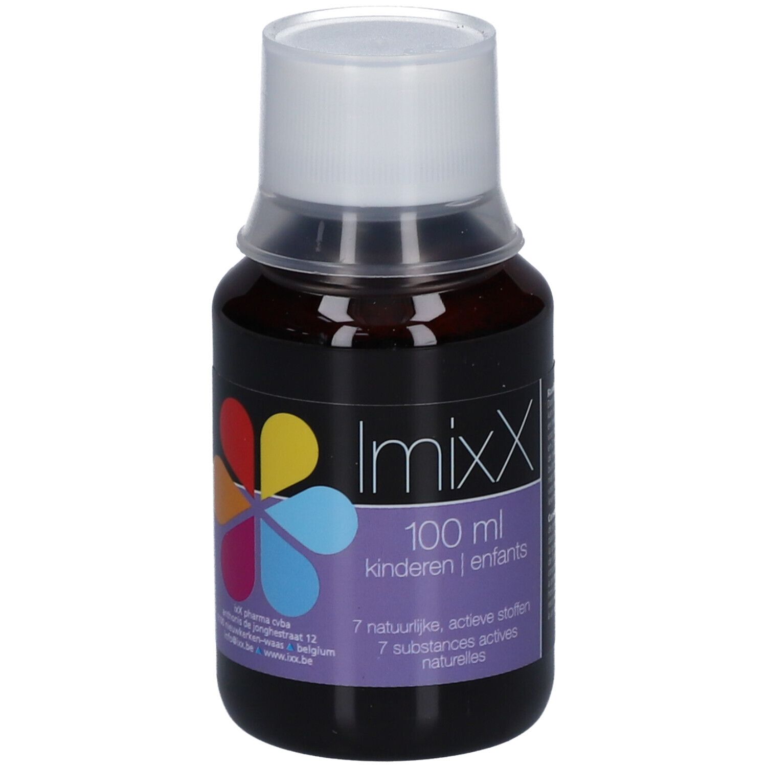 Bruine fles met witte dop. Etiket met ImixX, 100 ml, kinderen, 7 actieve stoffen.