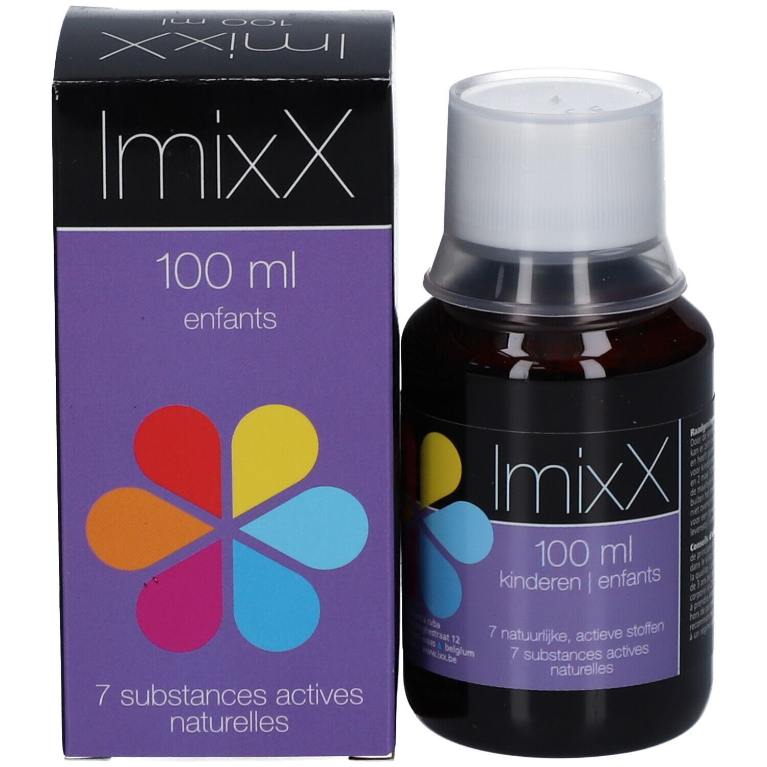 ImixX-verpakking met fles. Fles: bruin, witte dop, etiket. Verpakking: paars, witte tekst.