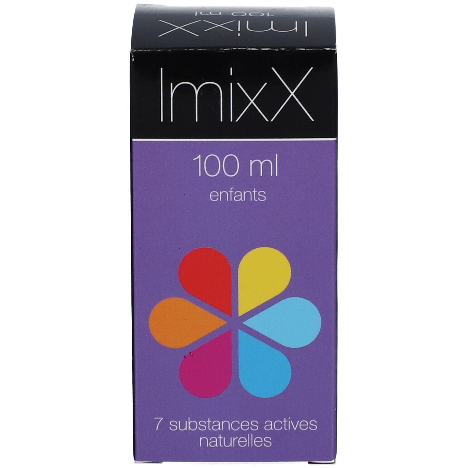 Paarse ImixX-verpakking. Opschrift: ImixX, 100 ml, enfants, 7 substances actives naturelles.