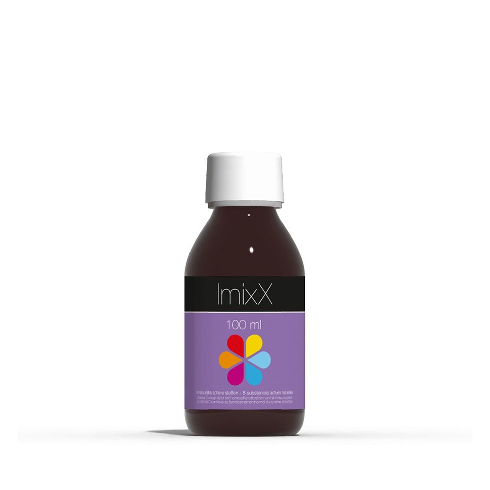Flacon brun avec bouchon blanc. Étiquette ImixX, 100 ml, enfants, 7 substances actives.