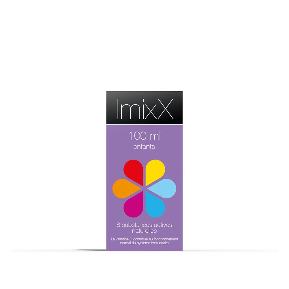 Boîte ImixX violette. Inscription : ImixX, 100 ml, enfants, 8 substances actives naturelles.