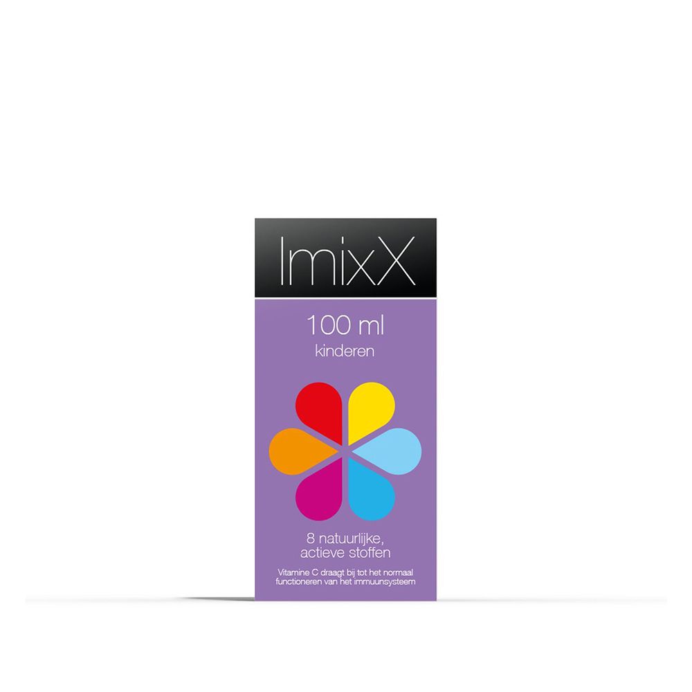 Paarse ImixX-verpakking. Opschrift: ImixX, 100 ml, kinderen, 8 actieve stoffen.