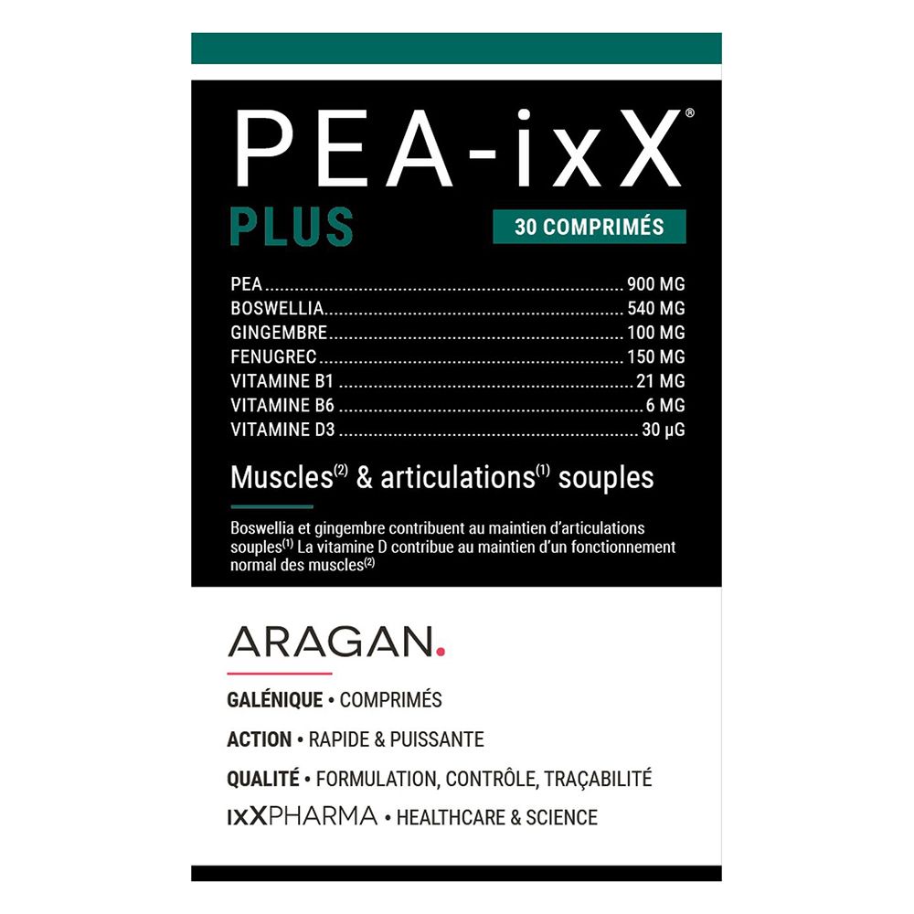 Emballage du produit : boîte. Inscription PEA-ixX Plus, 30 comprimés. Ingrédients et nom de la marque.