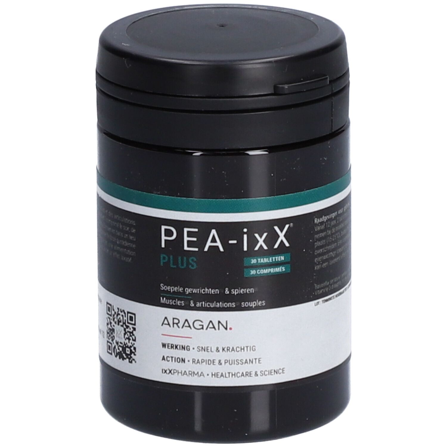 Boîte noire avec couvercle. Inscription PEA-ixX Plus, 30 comprimés. Code QR et nom de marque ARAGAN.
