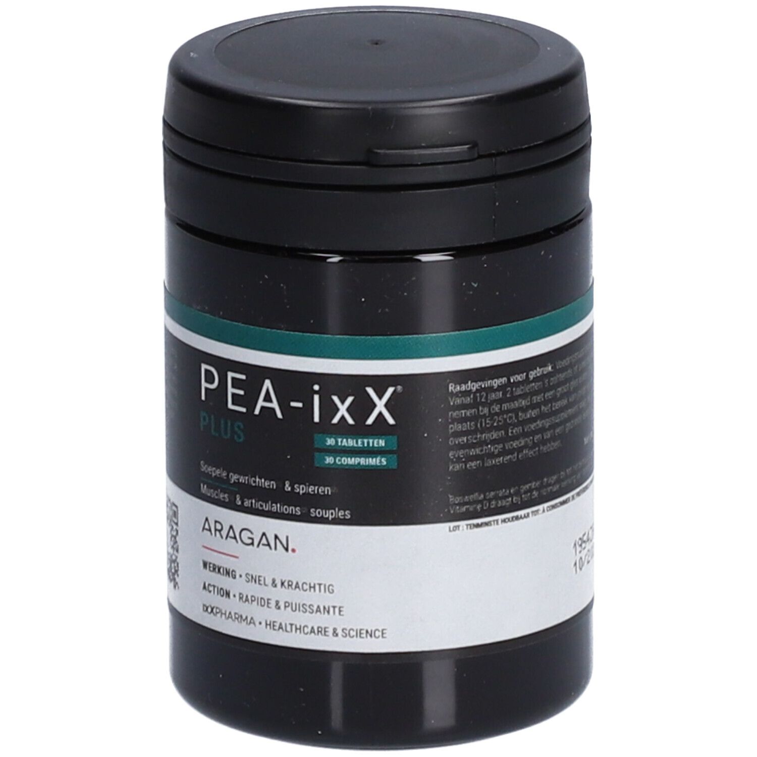 Boîte noire avec couvercle. Inscription PEA-ixX Plus, 30 comprimés. Code QR et nom de marque ARAGAN.