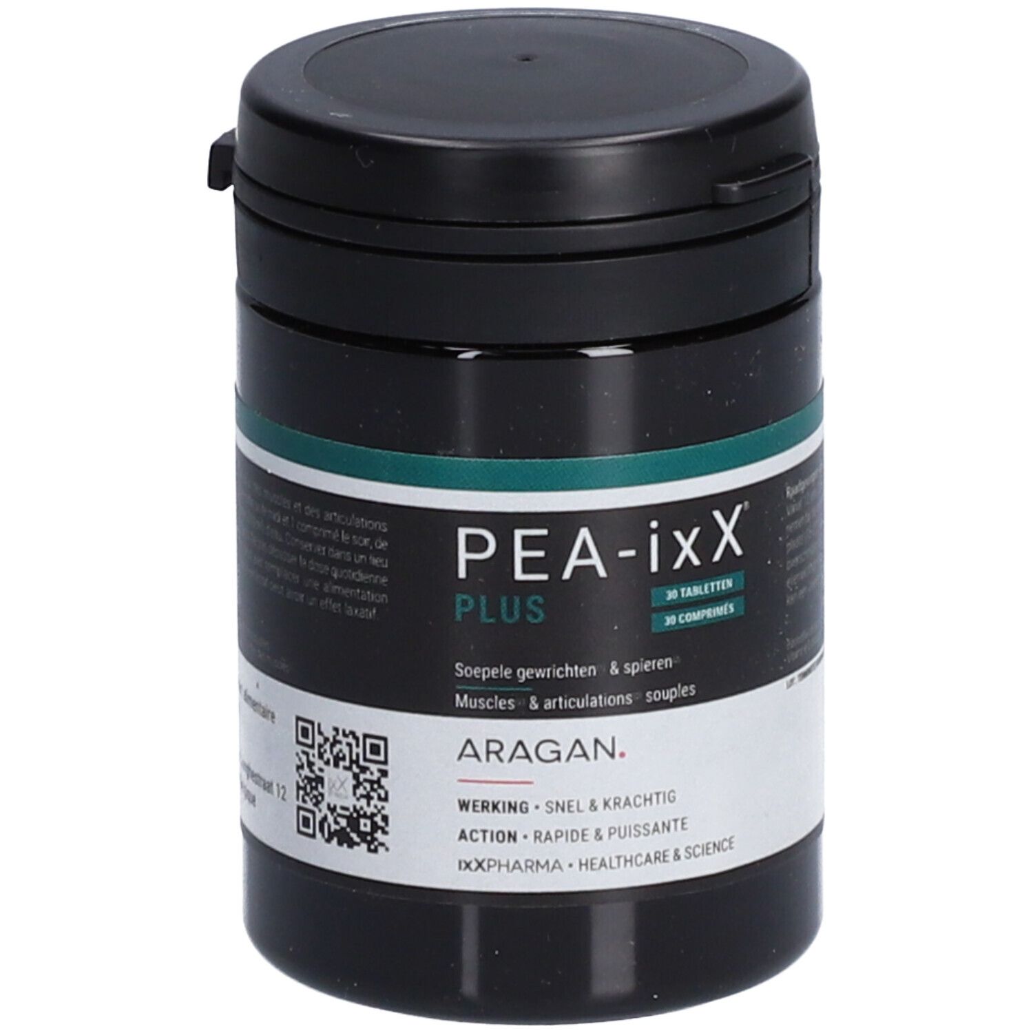 Boîte noire avec couvercle. Inscription PEA-ixX Plus, 30 comprimés. Code QR et nom de marque ARAGAN.