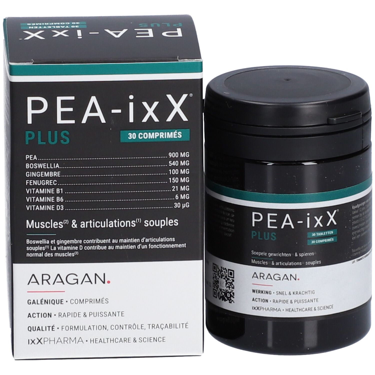 Emballage du produit : boîte et flacon. Inscription PEA-ixX Plus, 30 comprimés. Ingrédients et nom de la marque.