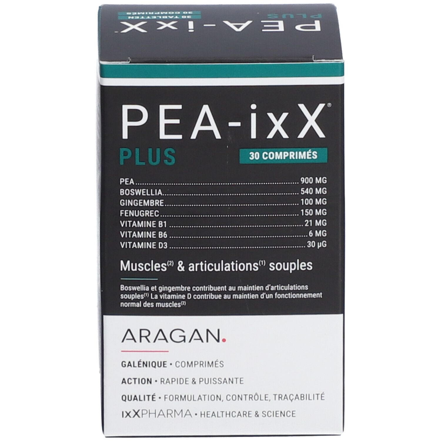 Emballage du produit : boîte. Inscription PEA-ixX Plus, 30 comprimés. Ingrédients et nom de la marque.