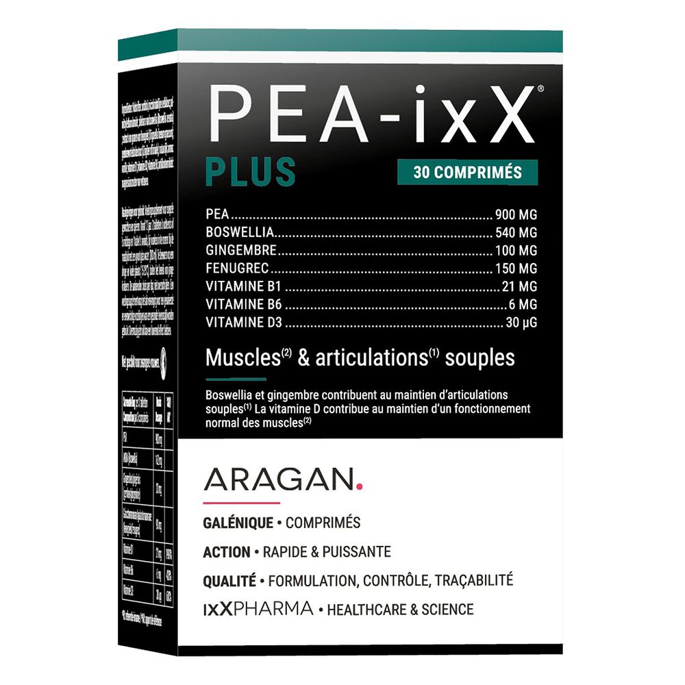Emballage du produit : boîte. Inscription PEA-ixX Plus, 30 comprimés. Ingrédients et nom de la marque.