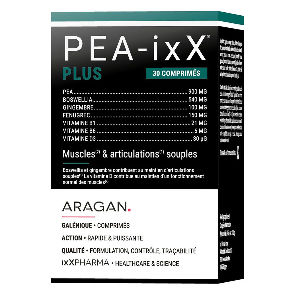 Emballage du produit : boîte. Inscription PEA-ixX Plus, 30 comprimés. Ingrédients et nom de la marque.
