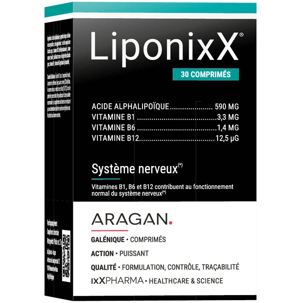 Emballage du produit. Inscription LiponixX, 30 comprimés. Ingrédients. Marque ARAGAN.