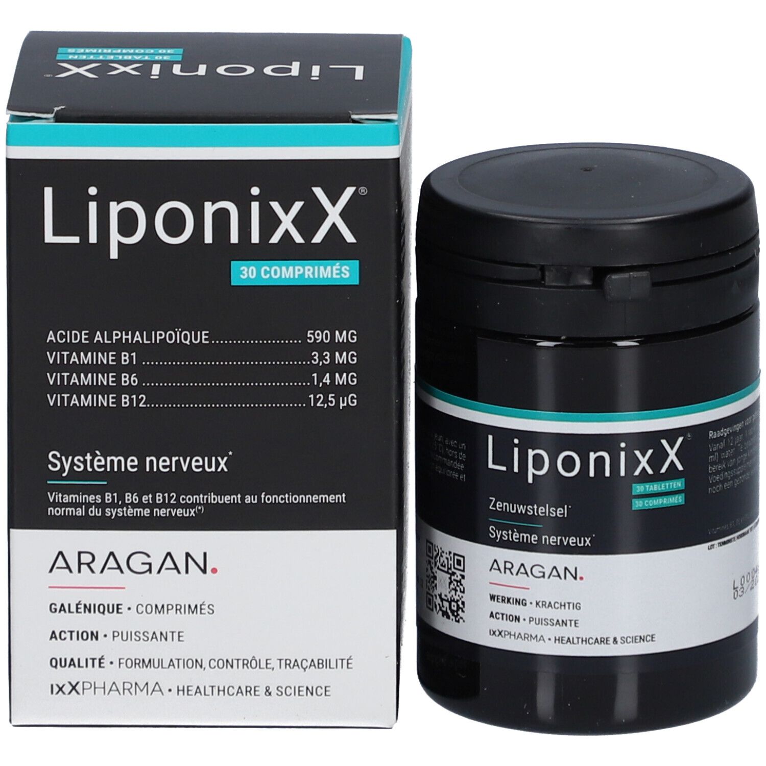 Emballage du produit avec boîte et flacon. Inscription LiponixX, 30 comprimés. Ingrédients. Marque ARAGAN.