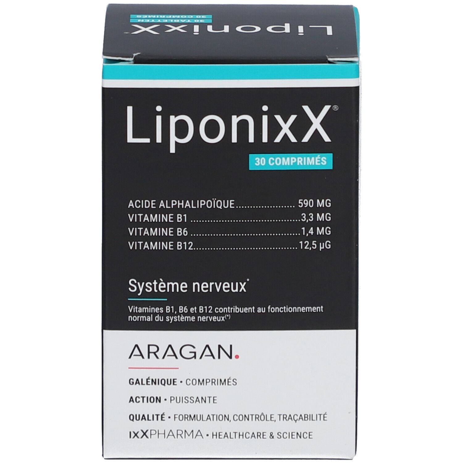 Emballage du produit. Inscription LiponixX, 30 comprimés. Ingrédients. Marque ARAGAN.