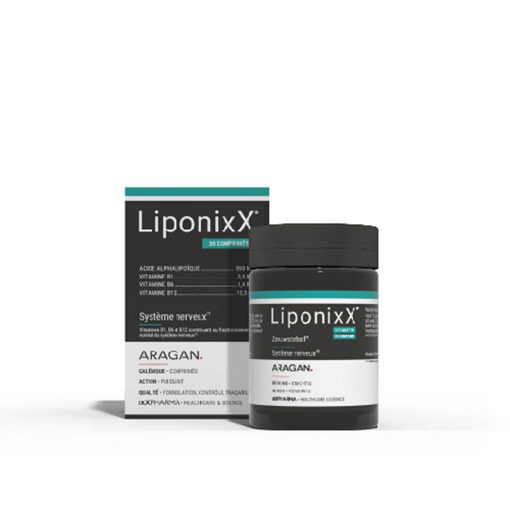 Emballage du produit. Inscription LiponixX, 30 comprimés. Ingrédients. Marque ARAGAN.
