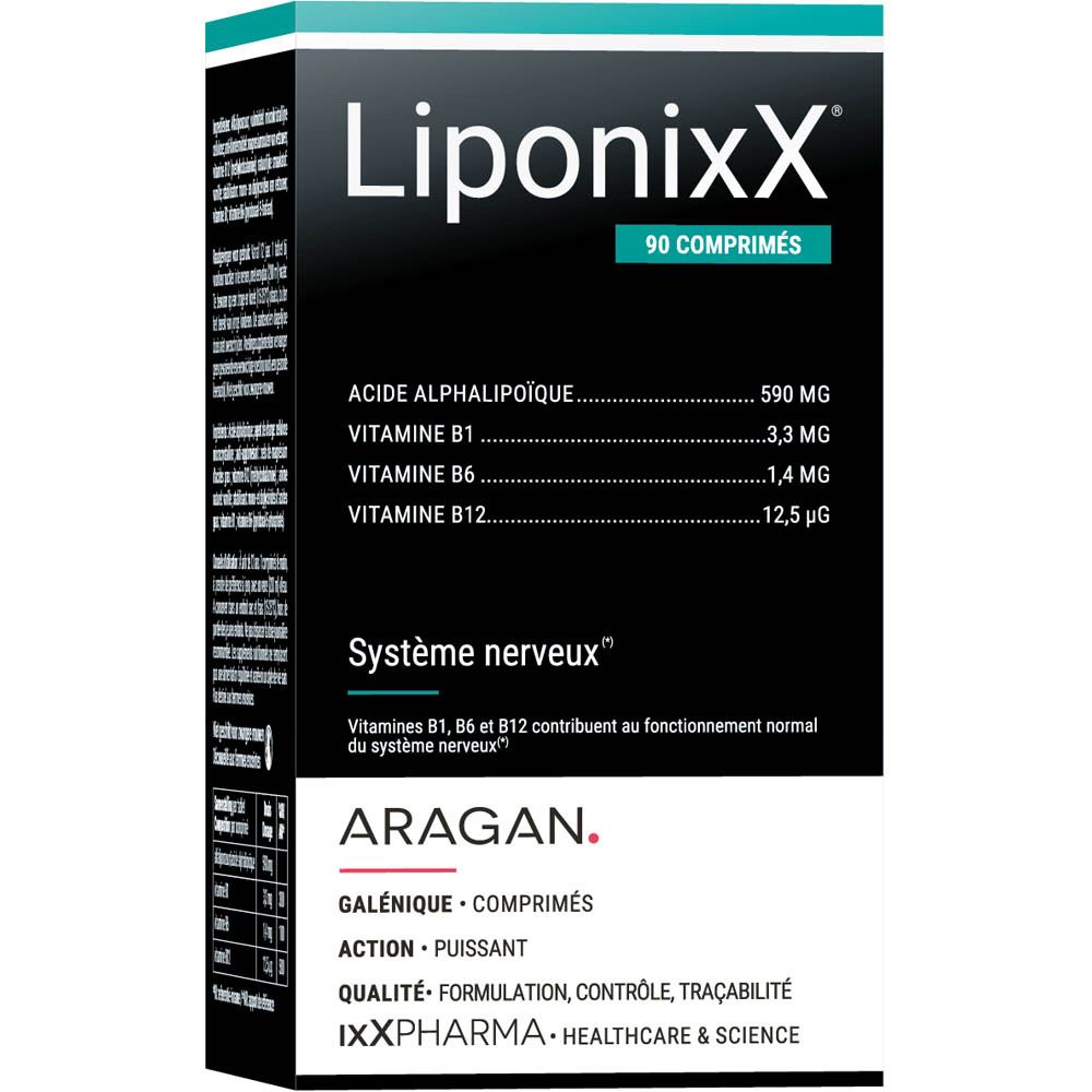 Boîte "LiponixX". 90 comprimés. Texte: "Zenuwstelsel", "Système nerveux". Marque: ARAGAN. Ingrédients.