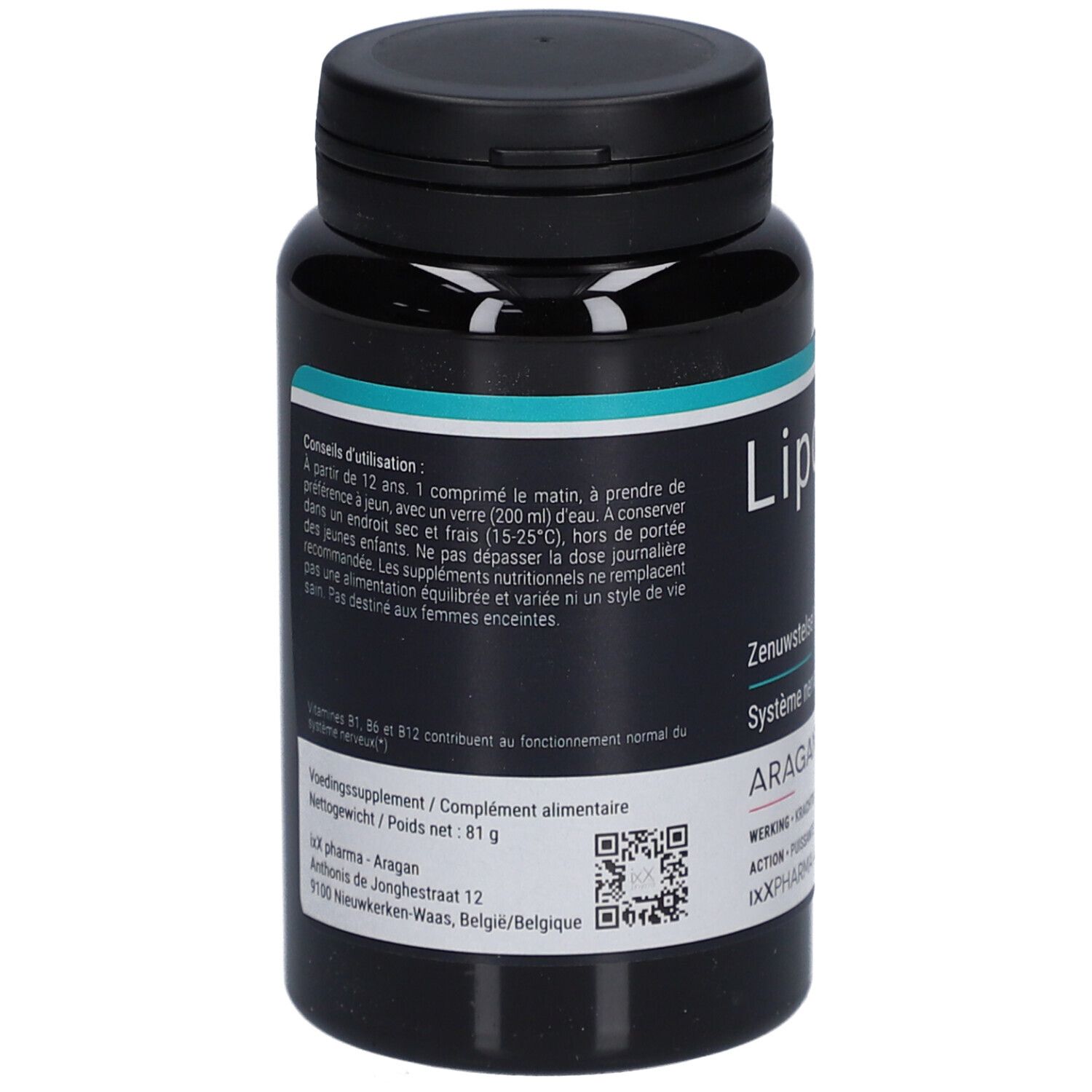Schwarze Flasche "LiponixX". Text: "Zenuwstelsel", "Système nerveux". Enthält 90 Tabletten. Marke: ARAGAN. QR-Code.