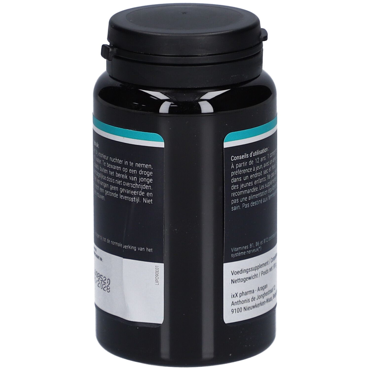 Schwarze Flasche "LiponixX". Text: "Zenuwstelsel", "Système nerveux". 90 Tabletten. Marke: ARAGAN. Rückseite mit Text.