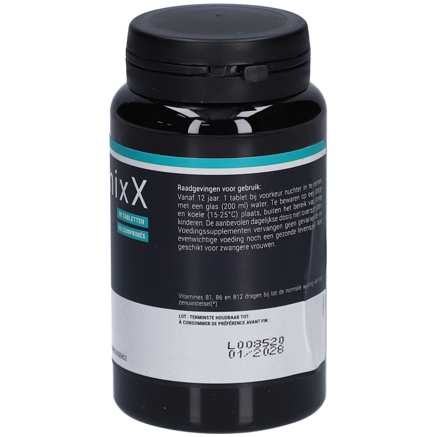 Schwarze Flasche "LiponixX". Text: "Zenuwstelsel", "Système nerveux". 90 Tabletten. Marke: ARAGAN. Rückseite mit Text.