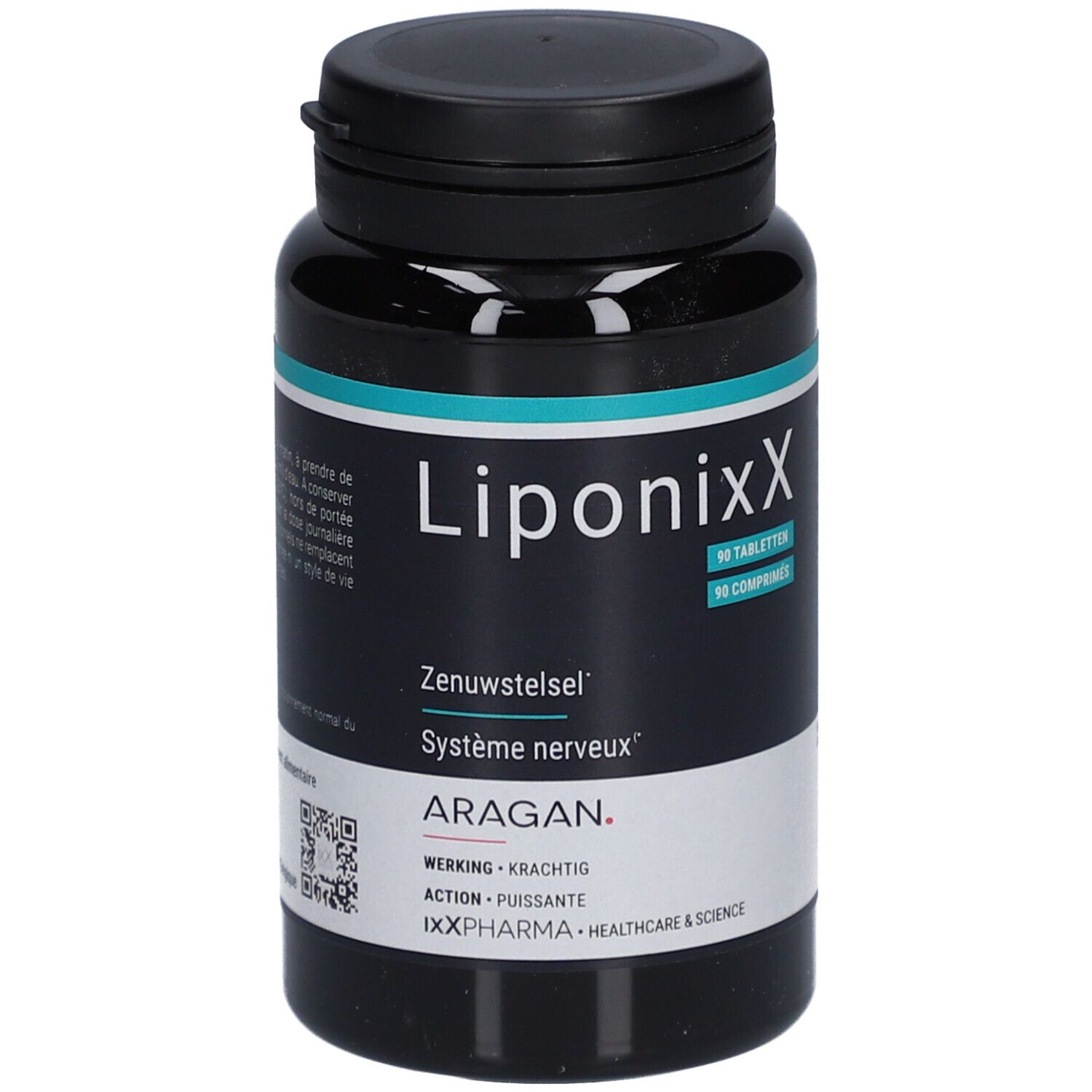 Schwarze Flasche "LiponixX" mit 90 Tabletten. Text: "Zenuwstelsel", "Système nerveux". Marke: ARAGAN.