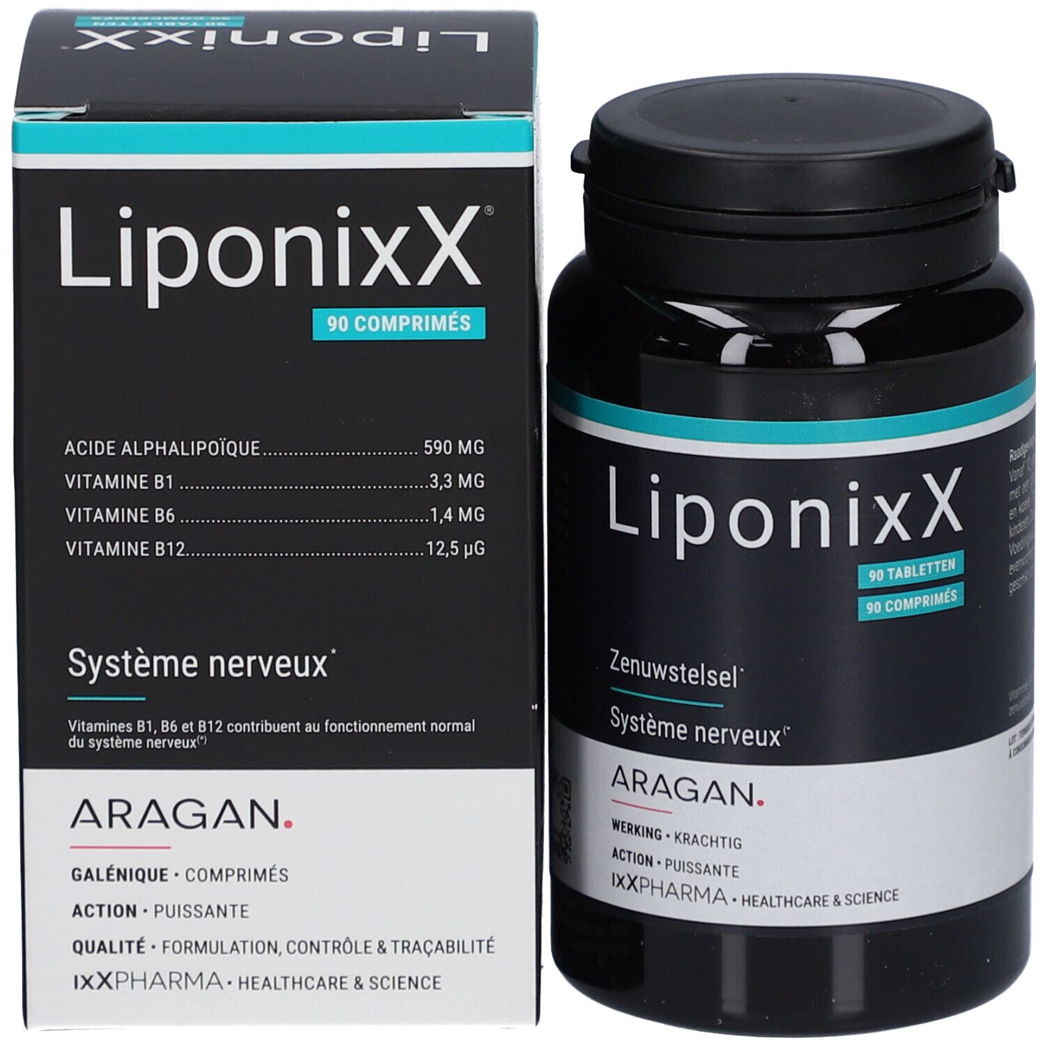 "LiponixX" Flasche und Schachtel. Schachtel mit Inhaltsangaben. 90 Tabletten. Text: "Zenuwstelsel", "Système nerveux". Marke: ARAGAN.