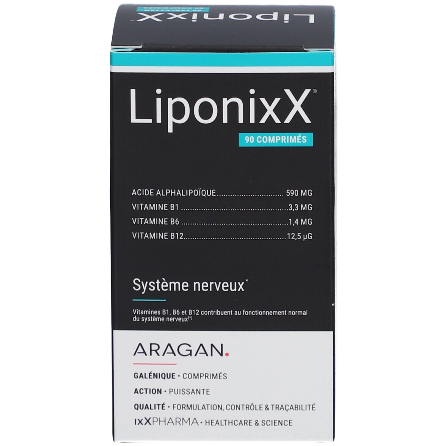 Schachtel "LiponixX" mit Inhaltsangaben. 90 Tabletten. Text: "Zenuwstelsel", "Système nerveux". Marke: ARAGAN.