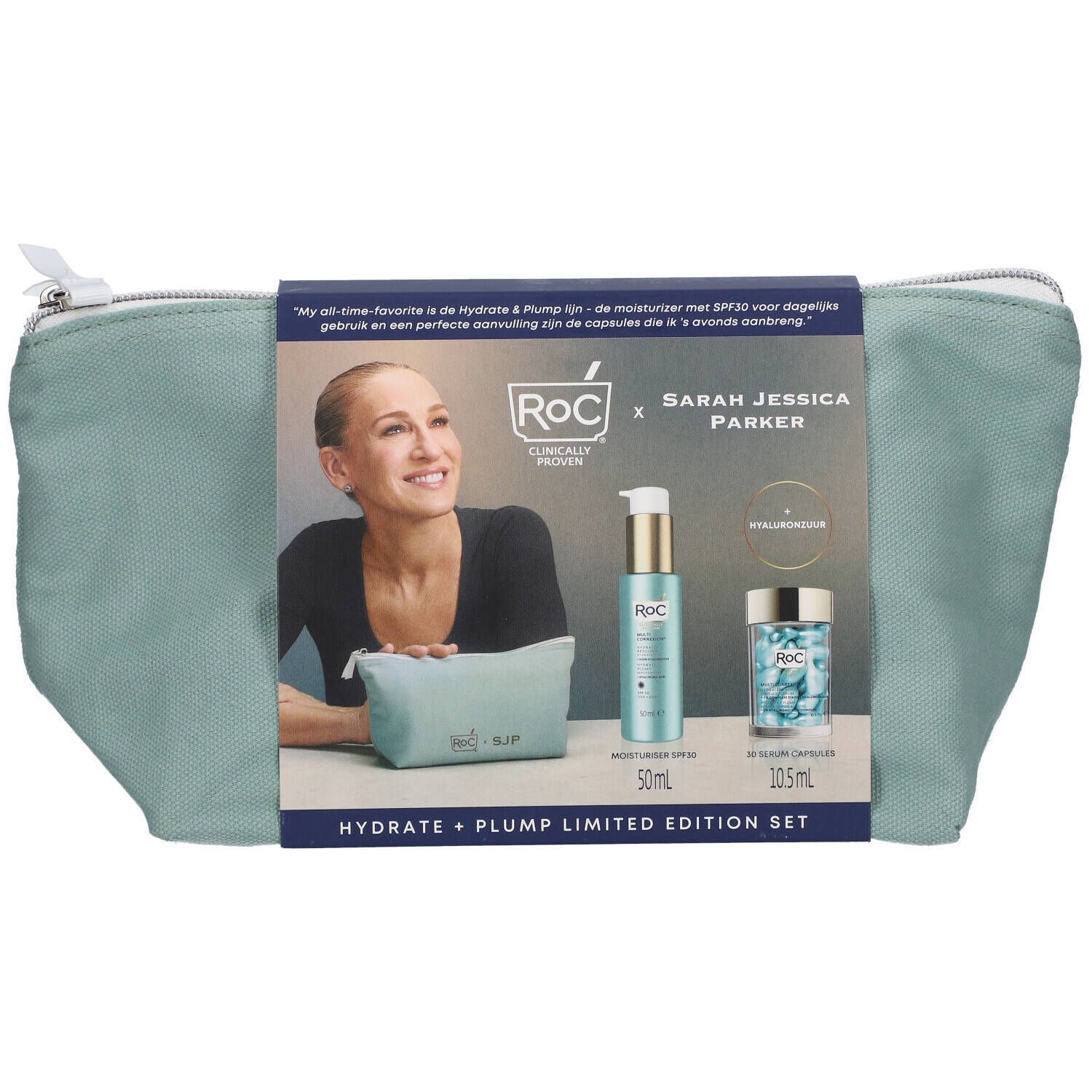 Make-uptas met RoC x SJP x Hydrate + Plump Limited Edition Kit. Bevat serumcapsules en moisturizer. Sarah Jessica Parker.