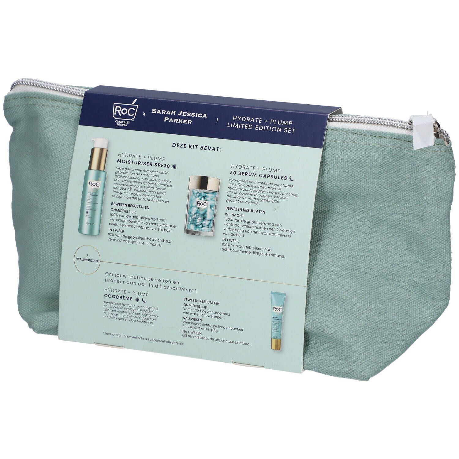 Achterkant van de make-uptas met RoC x SJP x Hydrate + Plump Limited Edition Kit. Bevat serumcapsules en moisturizer.