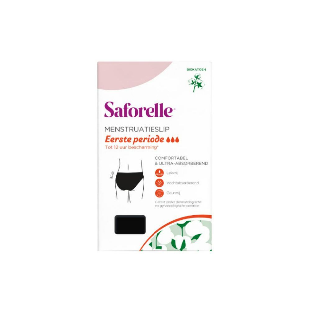Verpakking van Saforelle menstruatieslip. Illustratie van zwarte slip. Tekst: Eerste menstruatie, tot 12 uur bescherming. Bio katoen.