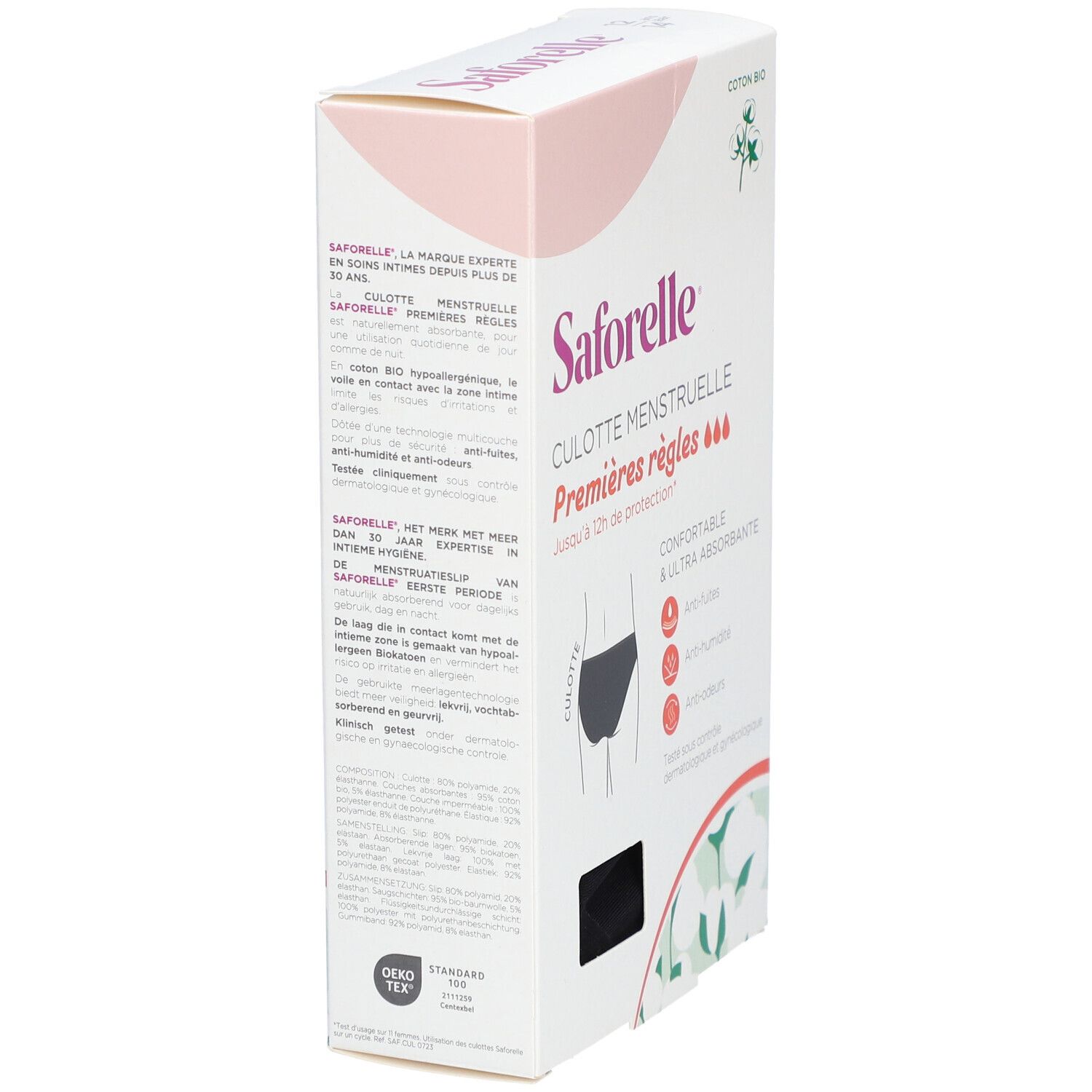 Verpakking van Saforelle menstruatieslip. Tekst: Eerste menstruatie, tot 12 uur bescherming. Bio katoen. Detailweergave met tekst en logo.