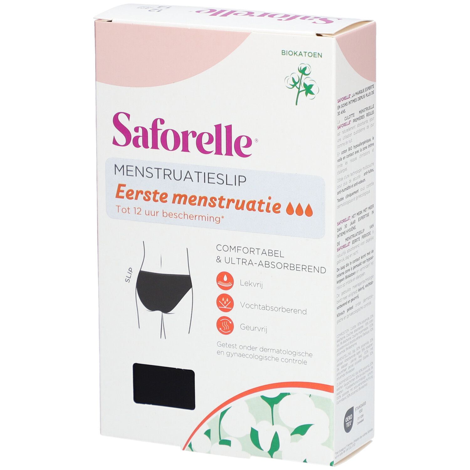 Verpakking van Saforelle menstruatieslip. Tekst: Eerste menstruatie, tot 12 uur bescherming. Bio katoen. Detailweergave met tekst en logo.