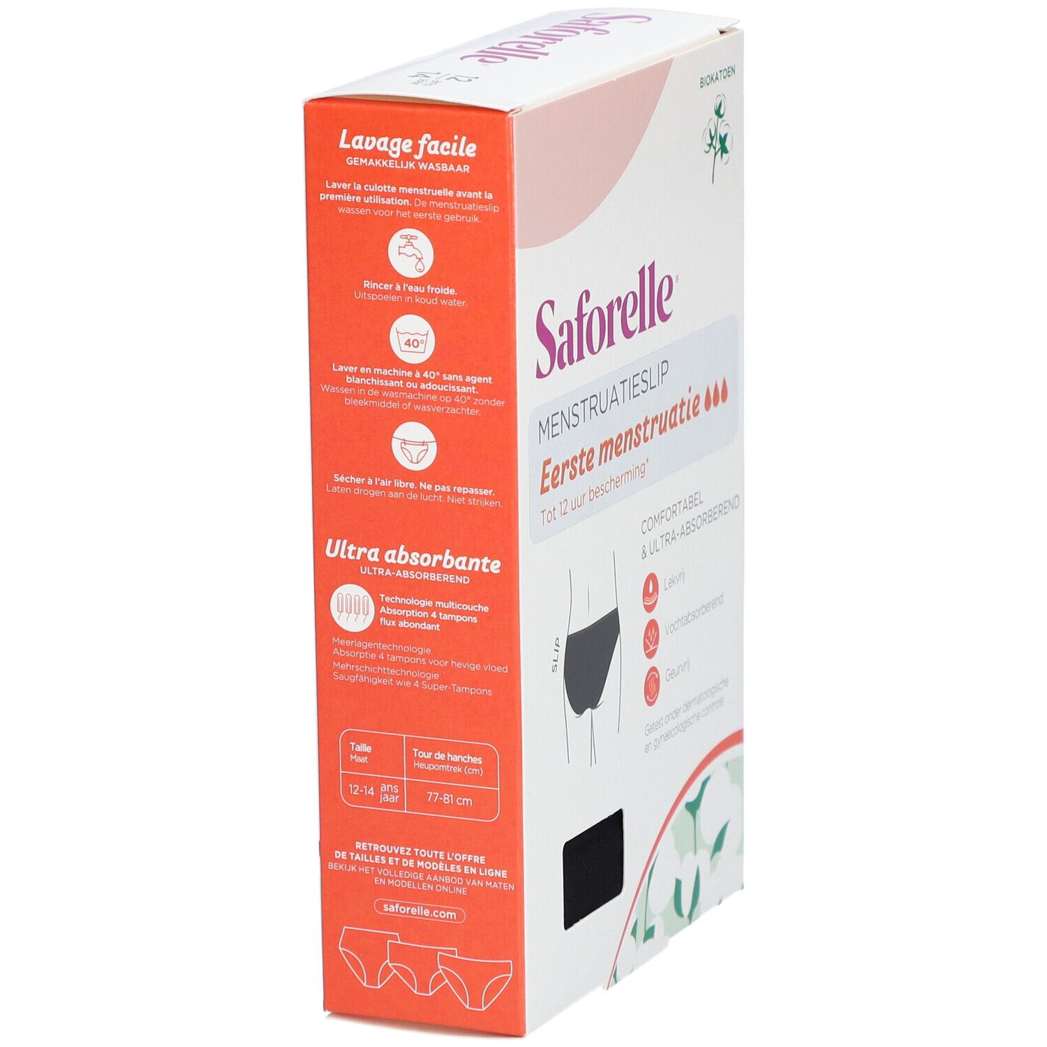 Verpakking van Saforelle menstruatieslip. Tekst: Eerste menstruatie, tot 12 uur bescherming. Bio katoen. Detailweergave met tekst en logo.