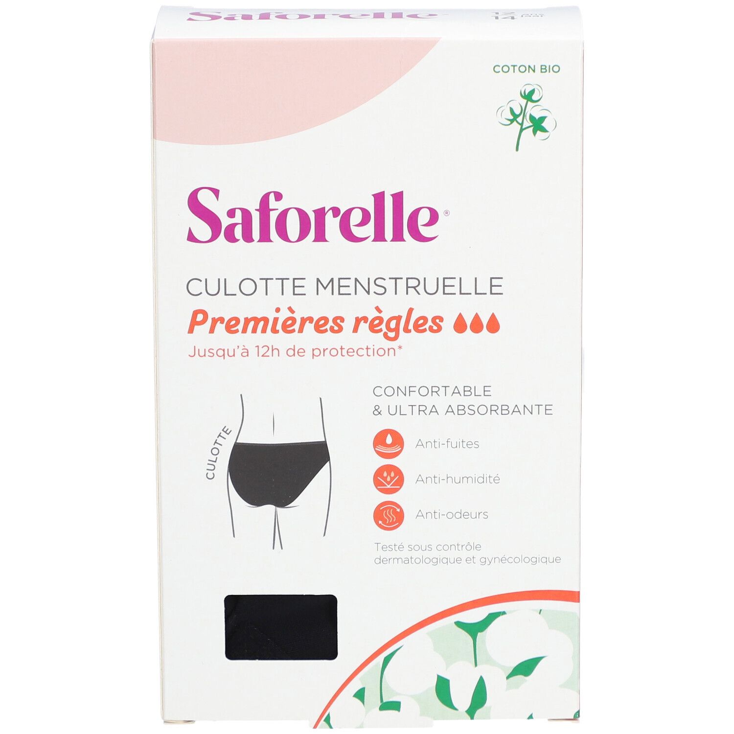 Verpakking van Saforelle menstruatieslip. Illustratie van zwarte slip. Tekst: Eerste menstruatie, tot 12 uur bescherming. Bio katoen.