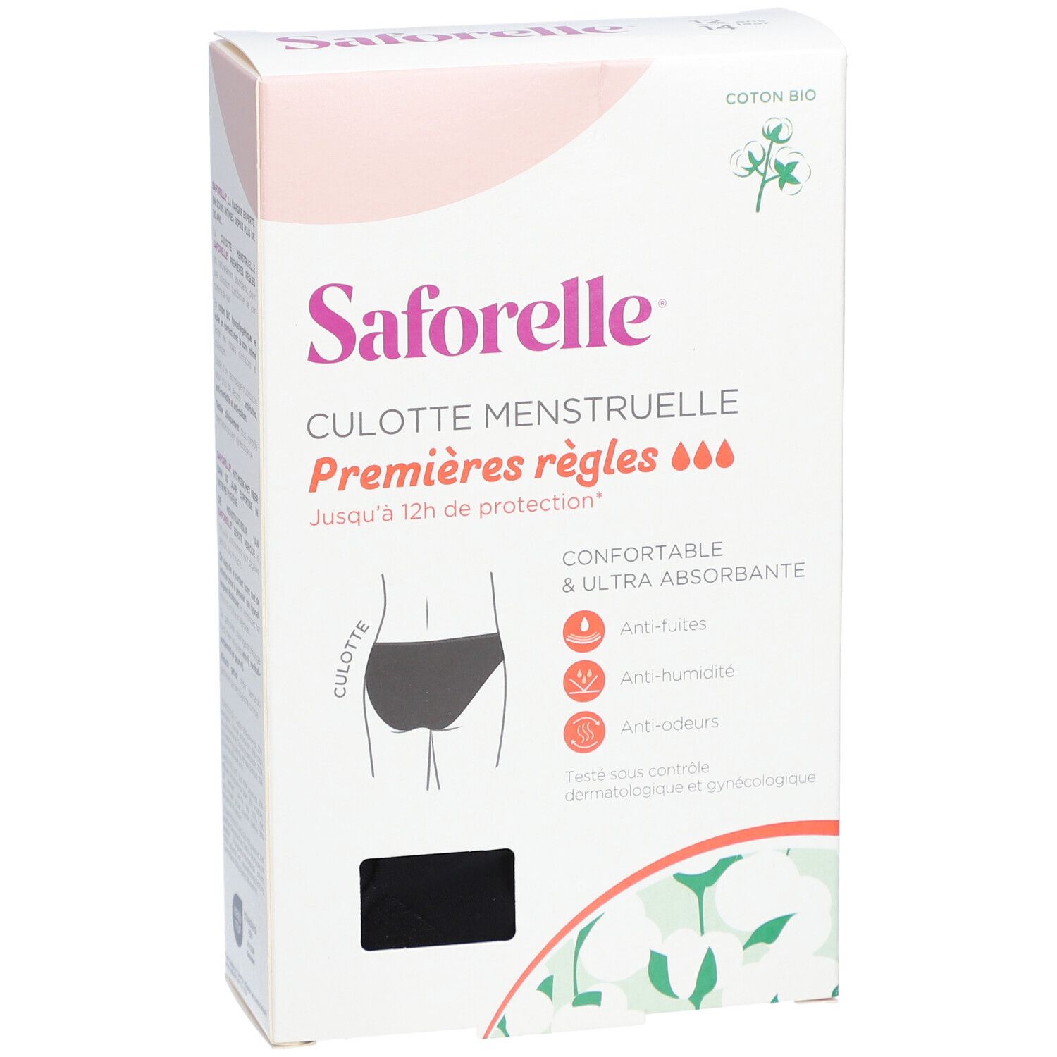 Verpakking van Saforelle menstruatieslip. Illustratie van zwarte slip. Tekst: Eerste menstruatie, tot 12 uur bescherming. Bio katoen.